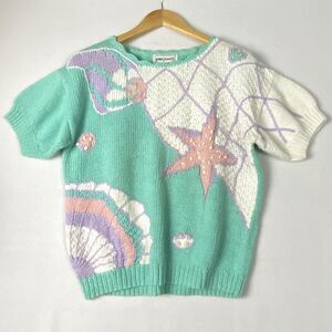 VTG Lord Issacs Pastel Pullover Grandma Sweater Seashell Starfish XL
